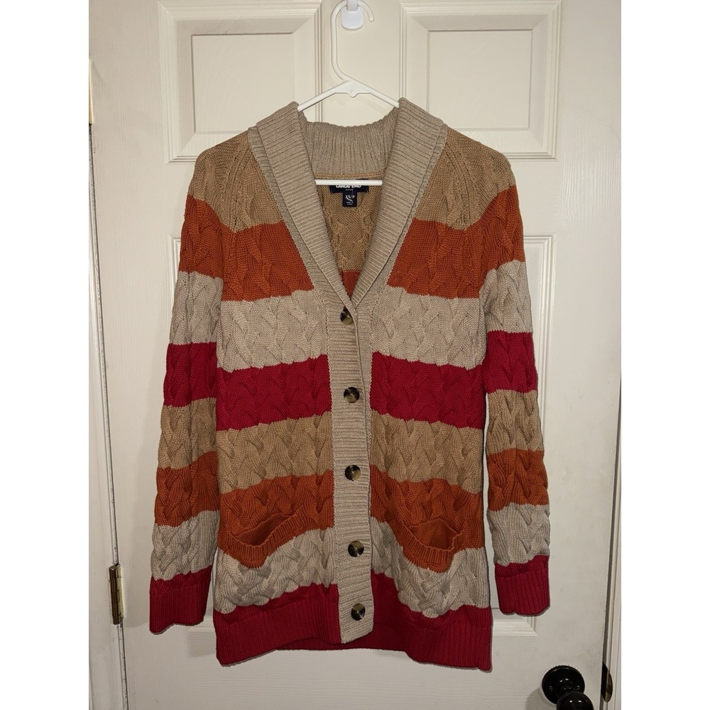 LANDS END Sweater Women's Xs Cardigan Cable Knit Fisherman Brown Red Orange Fall